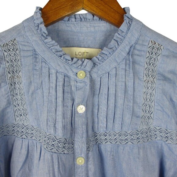 LOFT Blouse Ruffle XS Pintucking Lace Blue Cotton Cottagecore Western Peasant - Picture 2 of 7